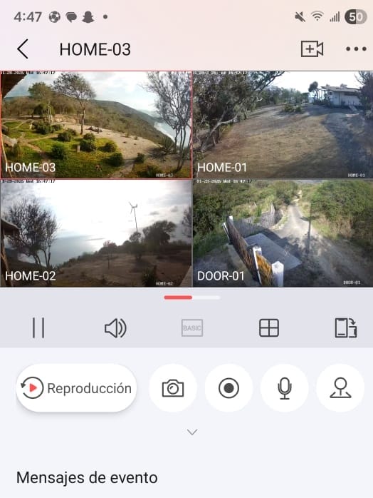 Aplicación de monitoreo de cámaras Hikvision y conexión Starlink para seguridad residencial.